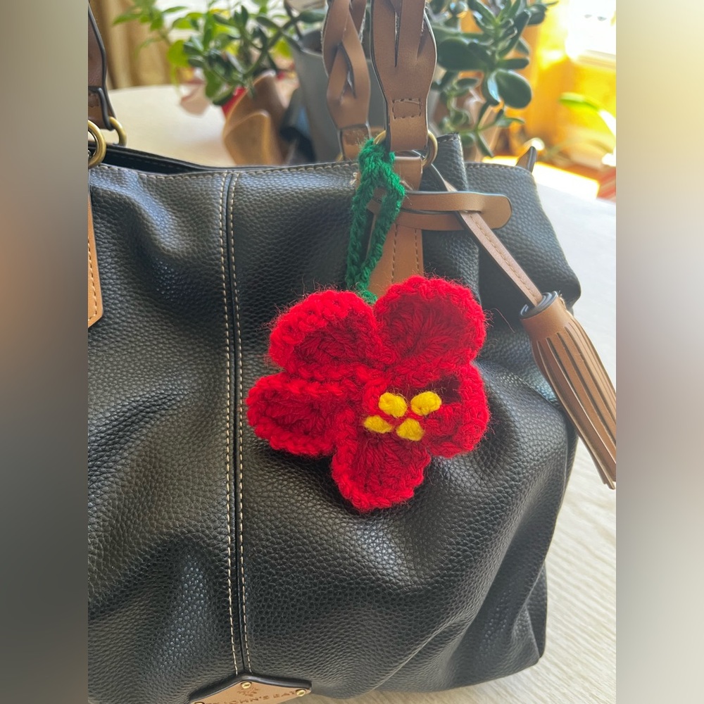 Hand Crocheted Red Hibiscus Flower Bag Charm/Keychain! - Picture 2 of 14